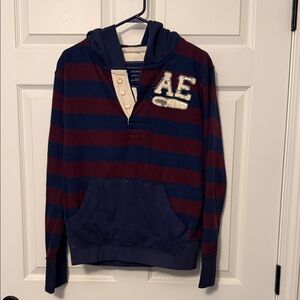 American Eagle Outfitters Navy & Burgundy Striped Hooded Pullover